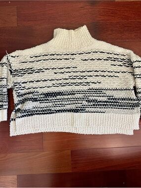 Chunky Cropped Cream and Black Striped Turtleneck Sweater
